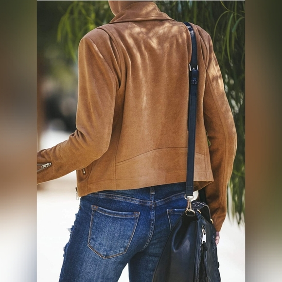 BROWN Faux Suede Moto Biker Short Coat Jacket - Picture 3 of 4